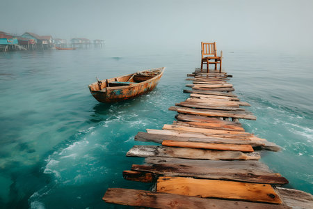 A tranquil scene depicting a rustic wooden pathway leading to a solitary chair over calm turquoise waters. an old wooden boat floats nearby, shrouded in mist, evoking a sense of mystery and quiet solitude. Generative AIの素材