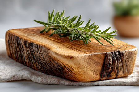 Rustic wooden cutting board featuring a sprig of fresh rosemary, ideal for culinary presentations. the natural wood grain adds an authentic touch, suitable for kitchen decor and enhancing food photography. Generative AIの素材