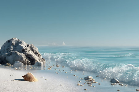 Tranquil coastal scenery featuring a seashell on a sandy beach, gentle waves lapping the shore, and a sailboat in the distance. the clear sky and calm ocean create a peaceful and inviting atmosphere. Generative AIの素材
