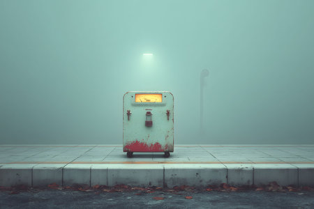 A solitary vintage gas pump stands illuminated on an empty street, enveloped in dense fog. its nostalgic form contrasts with the modern urban setting, creating a scene rich with mystery, solitude, and timeless charm. Generative AIの素材