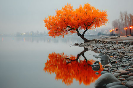 Tranquil scene of a vibrant orange autumn tree standing alone by a misty lake. its reflection glows on the water's surface, surrounded by smooth rocks, while soft lamplight gleams in the foggy distance. Generative AIの素材