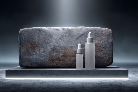 Two frosted glass dropper bottles elegantly displayed against a textured stone backdrop, illuminated by dramatic lighting. ideal for branding beauty and skincare products, emphasizing luxury and sophistication. Generative AIの素材