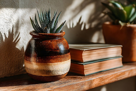 Sunlight casts soft shadows on a charming indoor scene featuring a potted succulent in an earthy-toned ceramic pot paired with two stacked hardcover books. a perfect blend of greenery and literature for a cozy home atmosphere. Generative AIの素材