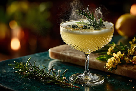 A sophisticated cocktail featuring a rosemary gin blend with citrus notes, served in a cut glass coupe. steam rises delicately, surrounded by fresh rosemary sprigs and blossoms, set on a marble and green marble background. Generative AIの素材