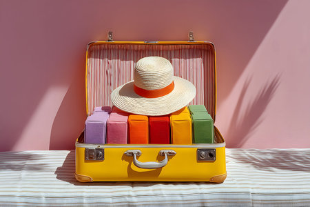 A vibrant yellow suitcase packed with colorful, neatly arranged packages is topped with a stylish straw hat. the setup is staged against a soft pink background, casting a gentle shadow, evoking a sense of summer exploration and vacation. Generative AIの素材
