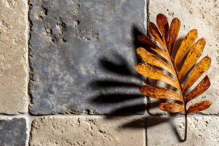 Dried autumn leaf rests on a textured tile surface, casting intricate shadows. the natural contrast of warm leaf tones against cool stone creates a striking visual suitable for seasonal design and decorative applications. Generative AIの素材