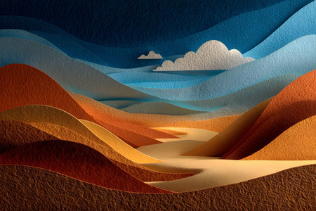 Vibrant abstract illustration depicting layered paper art creating a desert landscape. rich orange, blue, and brown hues form rolling hills and a clouded sky, offering a unique, artistic touch to wall decor and design concepts. Generative AIの素材