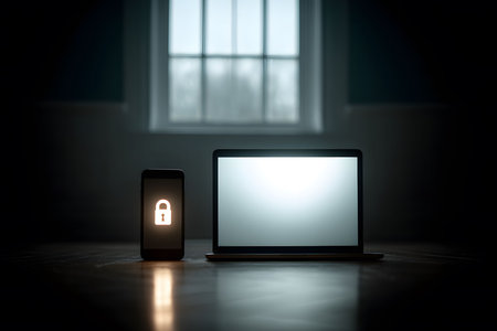 A dimly lit room features a glowing phone displaying a lock icon next to a laptop, symbolizing digital security and data protection. the scene conveys themes of privacy, cybersecurity, and secure technology in a modern setting. Generative AIの素材