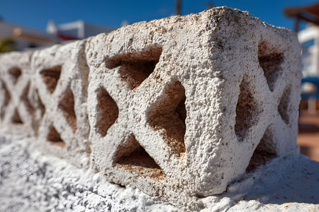 Close-up of a textured concrete block with intricate patterns, positioned outdoors under a blue sky. the rough surface is detailed, the material's unique character and its use in construction and design. Generative AIの素材