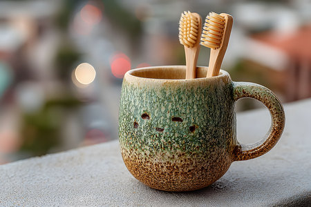 Bamboo toothbrushes rest in a textured green ceramic mug, situated on a balcony with a blurred urban background. this eco-friendly setup highlights sustainable living choices amidst city life. Generative AIの素材