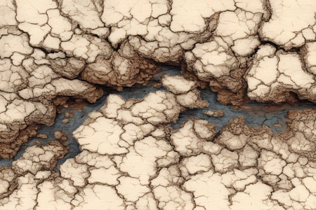 Aerial view showcasing a cracked desert landscape, the contrast between dry, parched earth and a narrow, winding river. the image emphasizes natural formations and textures, providing a striking visual experience. Generative AIの素材