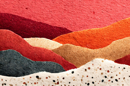 Abstract landscape art featuring layered textured paper in earthy tones such as red, orange, beige, and cream. the composition offers a tactile feel, making it ideal for creative projects or modern art prints. Generative AIの素材