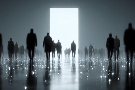 Silhouetted figures traverse a reflective surface toward a bright, rectangular portal. the scene conveys a sense of movement and mystery, enhanced by soft lighting and a foggy atmosphere, suggesting themes of discovery and transition. Generative AIの素材