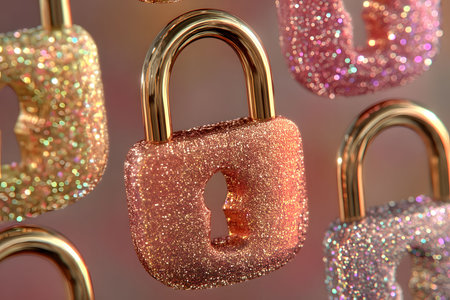 Sparkling gold and pink padlocks with glittery exteriors symbolizing security and style. the close-up view highlights shimmering locks with keyhole details, perfect for modern decorative themes. Generative AIの素材