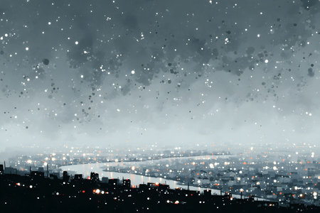 A tranquil night cityscape blanketed by a gentle snowfall, creating a serene winter atmosphere. the urban skyline is softly illuminated by city lights, reflecting off light snowflakes, adding a magical touch to the winter night. Generative AIの素材