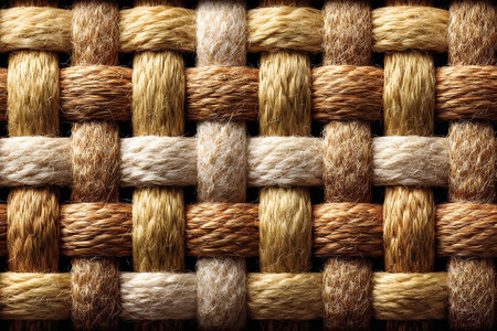 Detailed close-up of a woven pattern using natural fibers in varying shades of brown and beige. the intricate texture and warm colors emphasize craftsmanship and are perfect for interior design, textiles, or craft inspiration. Generative AIの素材