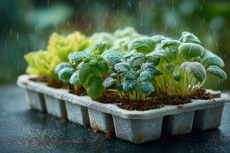 A close-up view of fresh herb seedlings thriving in a biodegradable tray. water droplets glisten on lush leaves, emphasizing sustainability and eco-friendly gardening practices. the scene conveys growth and nature's beauty. Generative AIの素材