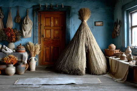 Rustic room featuring autumn-inspired decor, including bundles of dried grasses, ceramic pots, and baskets. a wooden door set in a blue wall creates a cozy, natural atmosphere, ideal for seasonal home decor. Generative AIの素材