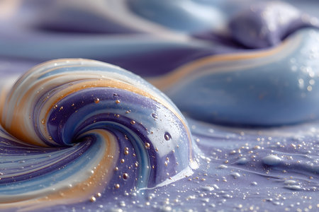 Glossy swirls of vibrant purple, blue, and orange paint create an abstract, visually captivating scene. the shimmering glitter adds a touch of glamor and magic, perfect for creative design, art inspiration, or modern aesthetics. Generative AIの素材