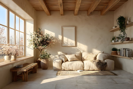 Sunlight illuminates a modern rustic living room featuring a comfortable sofa, potted plants, wooden shelves, and a large window. earthy tones, natural textures, and minimalist decor create a warm, inviting atmosphere. Generative AIの素材