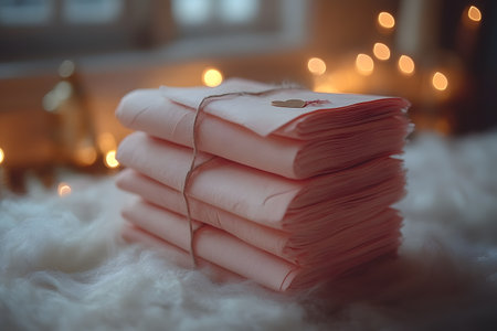 Soft pink papers neatly tied with twine and a heart-shaped tag, set against a cozy, warmly lit backdrop. a touch of romance ideal for valentine's day, weddings, or heartfelt occasions. Generative AIの素材