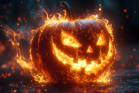 A glowing jack-o'-lantern with intense flames creates a haunting and dramatic effect, ideal for halloween themes. the fiery background adds to the spooky atmosphere, making it perfect for holiday decorations and horror-themed designs. Generative AIの素材