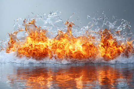 A captivating blend of fire and water, showcasing the contrast between fiery flames and cool splashes. ideal for concepts of balance, duality, or elemental themes in creative design projects. Generative AIの素材