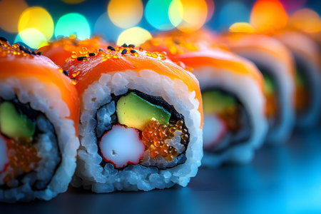 Close-up of colorful sushi rolls featuring salmon, avocado, and roe, set against a bokeh background. the vivid colors and intricate details showcase the art of sushi making, ideal for food-related publications and designs. Generative AIの素材