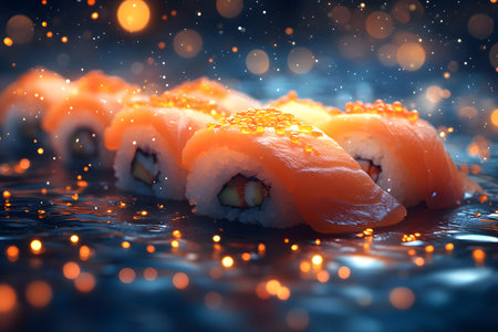 Gourmet sushi rolls featuring fresh salmon and roe, artfully arranged with a captivating ambient light effect. the luxurious presentation highlights intricate textures, creating a sophisticated dining atmosphere. Generative AIの素材