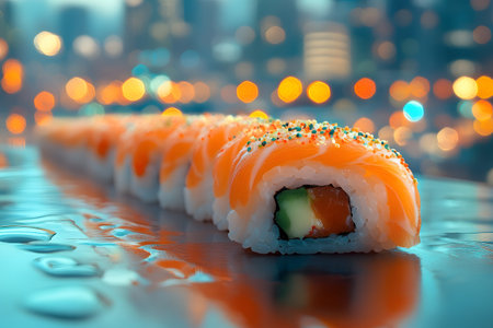 Gourmet salmon sushi roll elegantly presented against a backdrop of vibrant city lights. the detailed focus on the fresh ingredients essence of fine dining, perfect for culinary art and restaurant promotions. Generative AIの素材