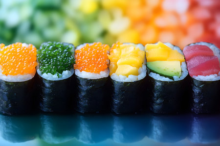 Vibrant sushi rolls with a variety of toppings like fish roe, avocado, and mango create a visually appealing culinary display. the background features a blurred gradient of colorful chopped ingredients. Generative AIの素材