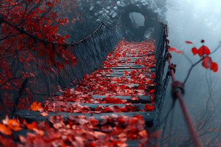Wooden suspension bridge adorned with vibrant red fall leaves stretches into a misty forest. tree branches with autumn foliage enhance the mysterious and enchanting atmosphere, perfect for nature-themed designs. Generative AIの素材