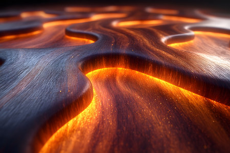 Abstract representation of flowing lava or molten patterns featuring undulating forms and glowing orange hues. the texture and light interplay creates a dynamic and captivating visual, perfect for creative and artistic projects. Generative AIの素材