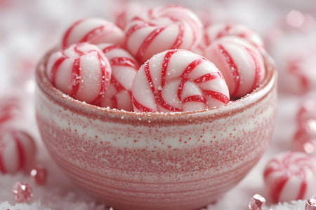 A bowl filled with red and white peppermint candies, perfect for holiday decorations, festive treats, or as a sweet gift. the spiraled design and vibrant colors evoke a cheerful seasonal atmosphere. Generative AIの素材