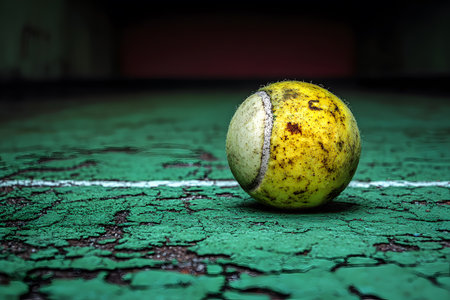 A worn tennis ball rests on a weathered, cracked green court. the aged court and ball convey a sense of history and endurance in sports. textures and colors offer depth, capturing the spirit of outdoor play. Generative AIの素材
