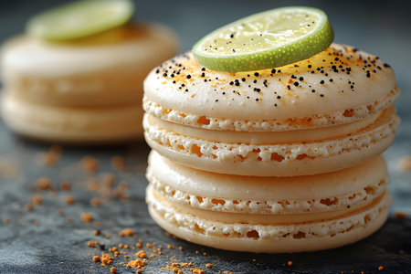 A close-up view of lime macarons stacked elegantly, topped with a slice of lime and sprinkled with spices. the textured gray background enhances the vibrant, detailed presentation, perfect for gourmet and culinary themes Generative AIの素材