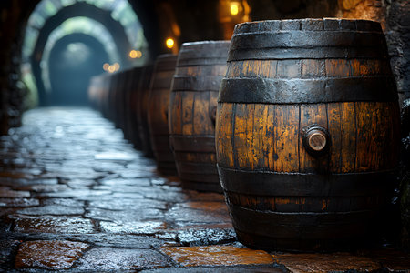 A dimly lit wine cellar features rows of wooden barrels under an arched stone ceiling, conveying a sense of tradition and craft. the atmospheric lighting highlights the texture of the stone floor and aged wood. Generative AIの素材