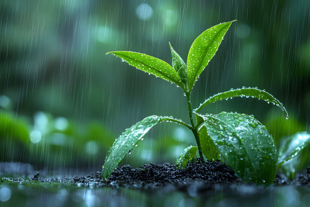 A vibrant green seedling thrives amid a gentle rainfall, symbolizing growth, resilience, and the nurturing power of nature. dew-covered leaves and rich soil emphasize the cycle of life and organic development. Generative AIの素材