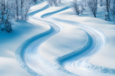 Curving snow tracks weave through a tranquil snowy forest under bright light, surrounded by snow-laden trees. capturing the serene beauty and pristine nature of a winter landscape, ideal for nature photography and seasonal themes. Generative AIの素材