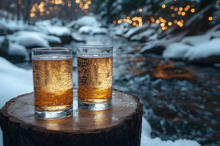 Sparkling drinks set on a wooden table in a snowy landscape. twinkling lights illuminate a serene river, creating a festive and tranquil atmosphere perfect for relaxation or holiday celebrations. Generative AIの素材