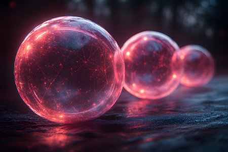 Three luminous spheres featuring intricate digital network patterns on a dark, textured surface. the glowing red orbs create a futuristic, high-tech ambiance ideal for technology-themed designs and innovative concepts. Generative AIの素材