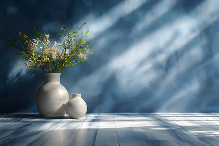 Ceramic vases with delicate wildflowers are arranged on a textured wooden surface, set against a softly lit blue wall. sunlight casts gentle shadows, creating a serene and minimalist atmosphere perfect for contemplative spaces. Generative AIの素材