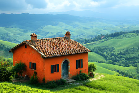 Picturesque view of a vibrant orange villa set against the rolling hills of the tuscan countryside. the landscape showcases lush green fields and distant mountains under a partially cloudy sky, capturing the serene beauty of rural italy. Generative AIの素材