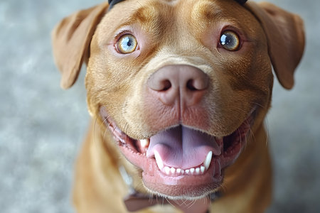 Close-up portrait of a joyful brown dog showcasing heterochromia, with one blue and one brown eye. the dog's playful and friendly expression is highlighted, capturing a moment of happiness and curiosity. Generative AIの素材