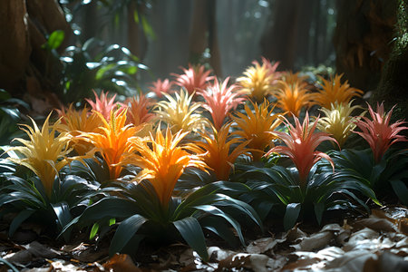 Vibrant bromeliads illuminated by sunlight create a stunning jungle scene. the rich greenery and colorful blooms convey a lush, tropical atmosphere, perfect for nature-themed designs or exotic travel promotions. Generative AIの素材