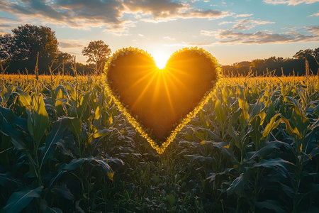 A heart-shaped arrangement of sunflowers glows with the light of the rising sun, set against a lush cornfield. this image embodies romance, warmth, and the beauty of nature during summer mornings. Generative AIの素材