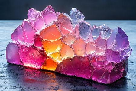 A stunning multicolored quartz crystal formation displays vibrant hues of pink, purple, and orange. this artistic gemstone piece is perfect for enhancing home decor with a touch of natural beauty and elegance. Generative AIの素材