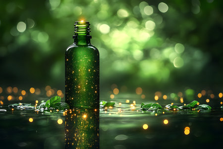 A mysterious green glass bottle glows softly amidst a lush forest setting, surrounded by shimmering light reflections and scattered leaves. the enchanting atmosphere evokes themes of fantasy, magic, and nature. Generative AIの素材