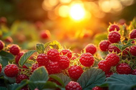 Sun-kissed raspberries bathed in warm sunlight, their vibrant red hues. set against a backdrop of lush greenery, this image embodies the essence of a fruitful summer harvest, ideal for promoting organic produce and farm-to-table concepts. Generative AIの素材