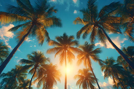 Tropical palm trees silhouetted against a vivid sunset sky create a picturesque scene, capturing the essence of a serene paradise. ideal for designs focused on travel, relaxation, and natural beauty. Generative AIの素材